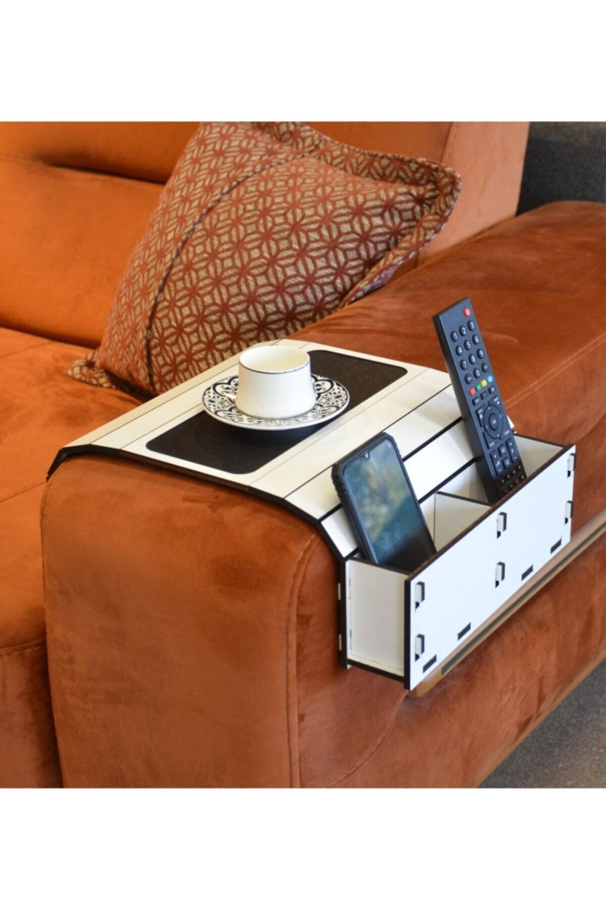 Sofa Tray Table - Remote Control and Cellphone Organizer Holder White